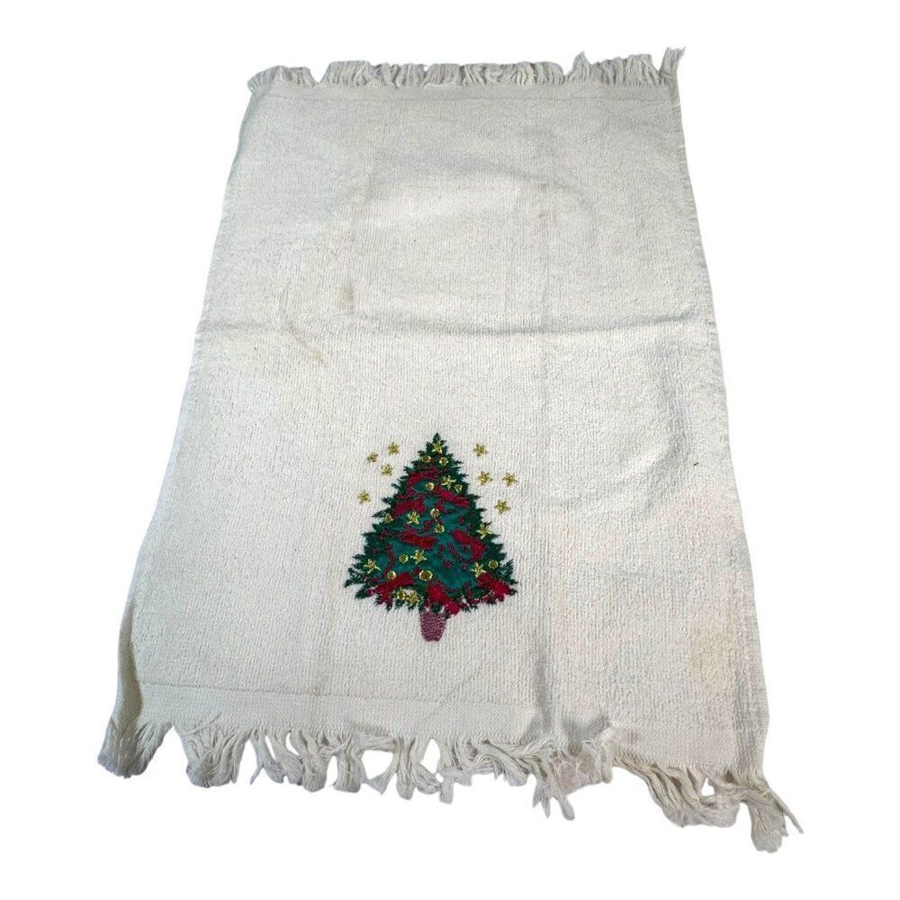 Vtg Kmart Embroidered Christmas Tree Hand Towel Cotton Bathroom Fringe Holiday